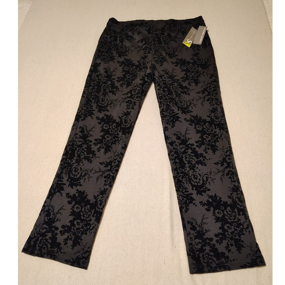 Valerie Stevens Flocked Floral Comfort Waistband Pants Black Grey Size 16 NWT